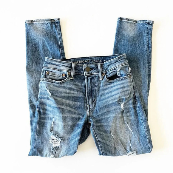 American Eagle Slim Destroyed Jeans 26 X 28 Youth‎ Tween Light Blue Denim Ripped - Picture 11 of 11